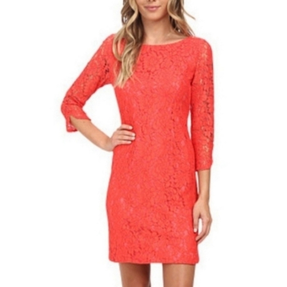 NWT Vince Camuto Lace Coral Pink Orange Sheath Dress Women's Size 10 3/4 Sleeves - Picture 16 of 16